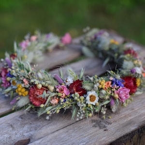 Meadow flower hair crown, Folk wedding flower crown, Colourful wedding hair crown, Rainbow wedding dried flower  crown for bride