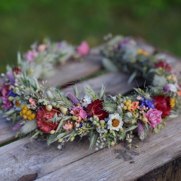 Meadow flower hair crown, Folk wedding flower crown, Colourful wedding hair crown, Rainbow wedding dried flower  crown for bride