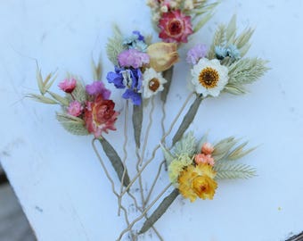 Colorful wildflower hair pins set, dried flower bridal hair pins, folk wedding