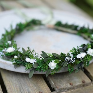 Christmas flower crown with eucalyptus, Wedding forest crown, Winter Green wreath, Wreath of dried and stabilized flowers, Rustic wedding