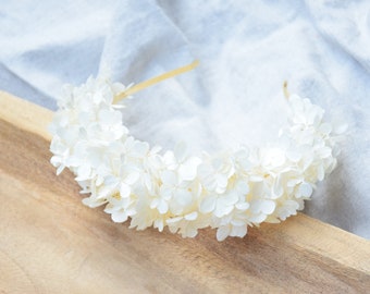 Bandeau Hortensia Blanc, couronne de fleurs d'hortensia, bandeau de fleurs séchées, mariage folklorique, mariage d'automne