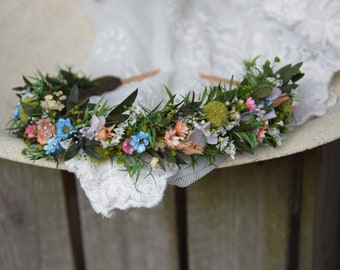 Meadow flower hair crown, Folk wedding flower crown, Colourful wedding hair crown, Flower crown for bride