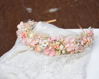 Couronne de fleurs de mariée, bandeau de mariage rose, couronne rustique, bandeau de fleurs séchées blanches, couronne de première communion