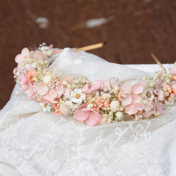 Couronne de fleurs de mariée, bandeau de mariage rose, couronne rustique, bandeau de fleurs séchées blanches, couronne de première communion