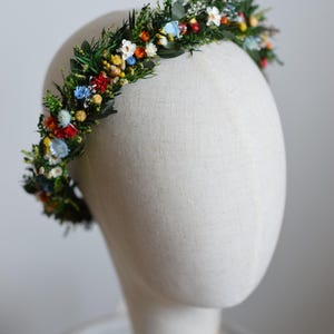 Meadow flower hair crown, Folk wedding flower crown, Colourful wedding hair crown, Rainbow wedding dried flower  crown for bride