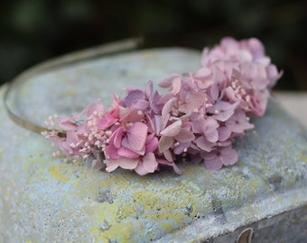 Romantica fascia pastello, corona di testa pastello fatta di fiori secchi, matrimonio pastello