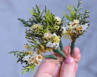Rustikale Haarnadeln aus stabilisierten Blüten., Brautknoten mit Gips, Brauthaarspangen