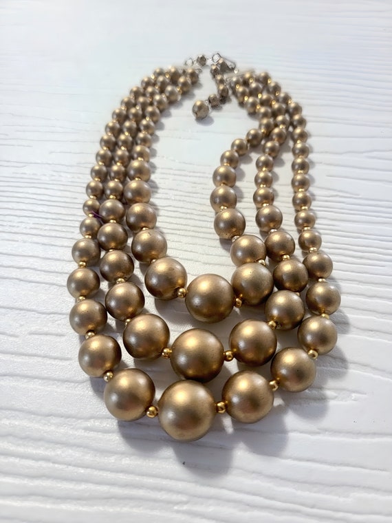 1980s Matte Gold Tri-Strand Faux Pearl Necklace