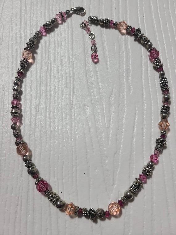 Handmade 1970s Silver & Pink Vintage Crystal Neckl