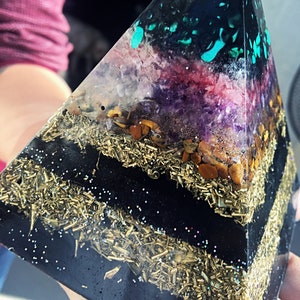 4.5 inch black and gold Resin pyramid orgonite  galaxy orogone art statue