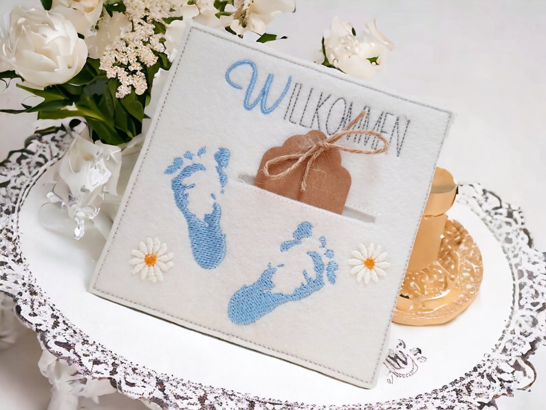 Congratulations card for the birth, wish fulfiller, voucher, money gift, gift voucher made of wool felt, voucher box, birth image 8