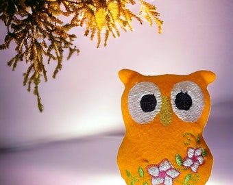 Lucky charm, owl, lucky owl, FLOWERS orange, size 9 x 7.5 cm