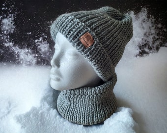 GRAY plain, beanie with matching loop, head circumference 45-47 cm