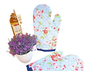 1 pair of oven gloves, pot holders, kitchen accessories, pattern with flowers, on a special patchwork fabric, gift