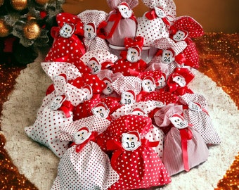 Advent calendar red/white, Advent calendar for children, 24 bags with pendant, owl