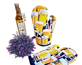 1 Pair Oven Mitts Pot Holders Kitchen Accessories Pattern Beer Glasses Special Susybee Patchwork Fabric Gift