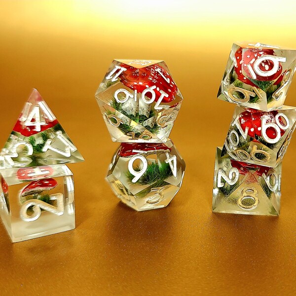 Amanita Mushroom Sharp Edge Dice Set for DnD TtRPG Games Exclusive Handmade Epoxy Resin Gift for Players Role Playing