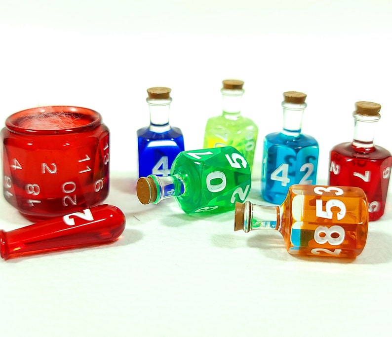 Coloured 7 Potion Dice Set for RPG tabletop Games like Dungeons and Dragons D6 D20 Alchemist Bottle image 2