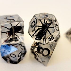 May include: A set of clear resin dice with a black spider encased inside each die. The dice are numbered 1 through 6 and are perfect for tabletop gaming.