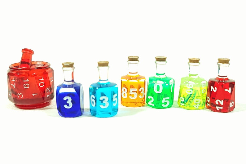 Coloured 7 Potion Dice Set for RPG tabletop Games like Dungeons and Dragons D6 D20 Alchemist Bottle MIX 6 colours