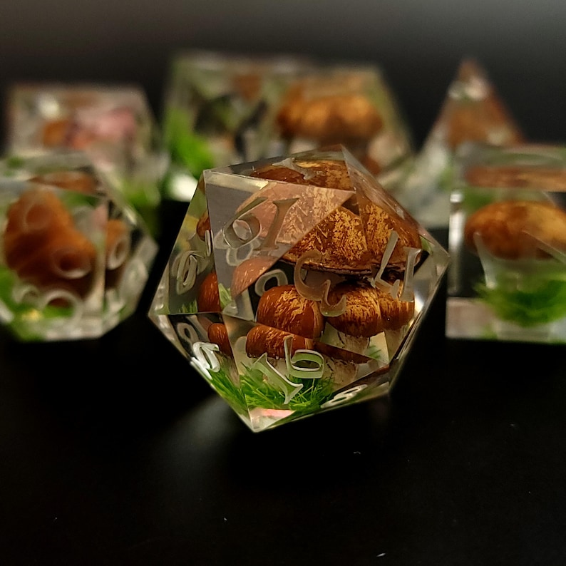 Handmade Dnd Resin Dice Set, Forest Mushroom Moss Dice Set, Sharp Edge