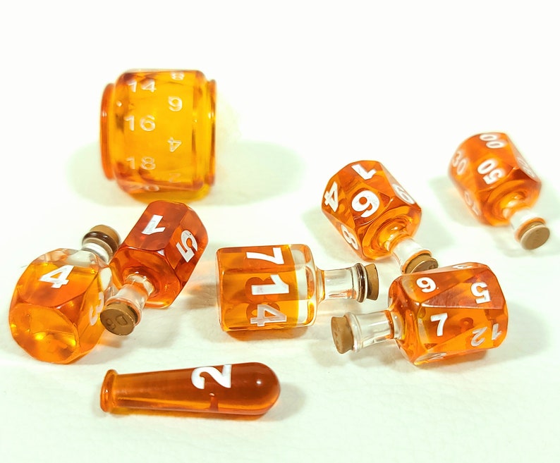 Coloured 7 Potion Dice Set for RPG tabletop Games like Dungeons and Dragons D6 D20 Alchemist Bottle Orange