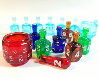 7 Potion Dice Bottle Set for RPG tabletop Games like Dungeons and Dragons D6 D20 Colorful