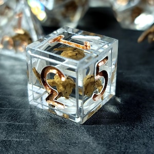 May include: A six-sided die made of clear resin with metallic copper-colored numbers embedded on the faces. The interior of the transparent cube contains small, textured, light brown organic-looking inclusions visible through the clear material.