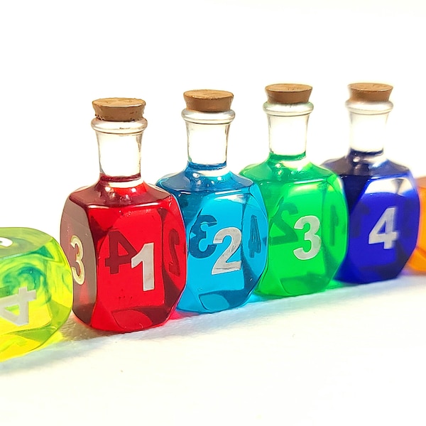 4 D4 or 6 D4 set Potion Bottle Dice for TtRPG and Dnd like games 4 D6 Coloured Handmade Exclusive Coloured