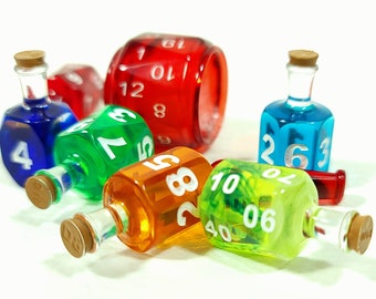 Coloured 7 Potion Dice Set for RPG tabletop Games like Dungeons and Dragons D6 D20 Alchemist Bottle