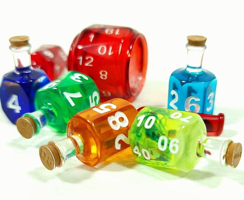 Coloured 7 Potion Dice Set for RPG tabletop Games like Dungeons and Dragons D6 D20 Alchemist Bottle image 1