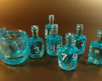 7 Potion Dice Set for RPG tabletop Games like Dungeons and Dragons D6 D20 Alchemist Bottle