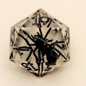 May include: A clear, multi-sided dice with black numbers and a spider design. The dice is a d20, with the number 19 visible.