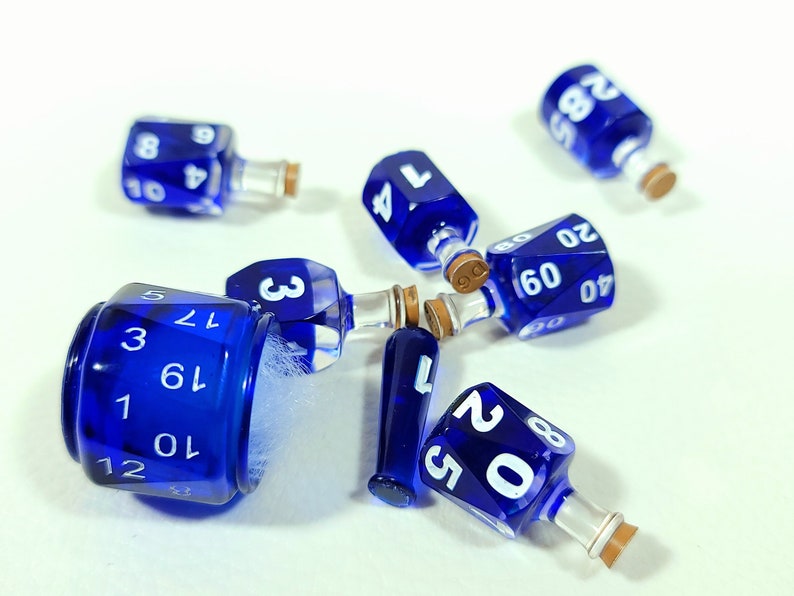 Coloured 7 Potion Dice Set for RPG tabletop Games like Dungeons and Dragons D6 D20 Alchemist Bottle Dark blue