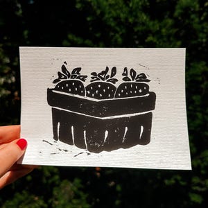 Berry Basket Block Print | Strawberry Linocut | Foodie Gift | Linocut Print | Kitchen Art | Gallery Wall | Relief Print | 5x7 Original Art