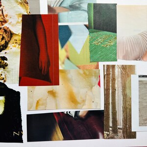 May include: A collage of different textures and patterns, including a close-up of a textured surface, a red fabric with a hand, a green fabric with gold lettering, a white fabric with a hand, a forest scene, and a piece of paper with a brown and white pattern.