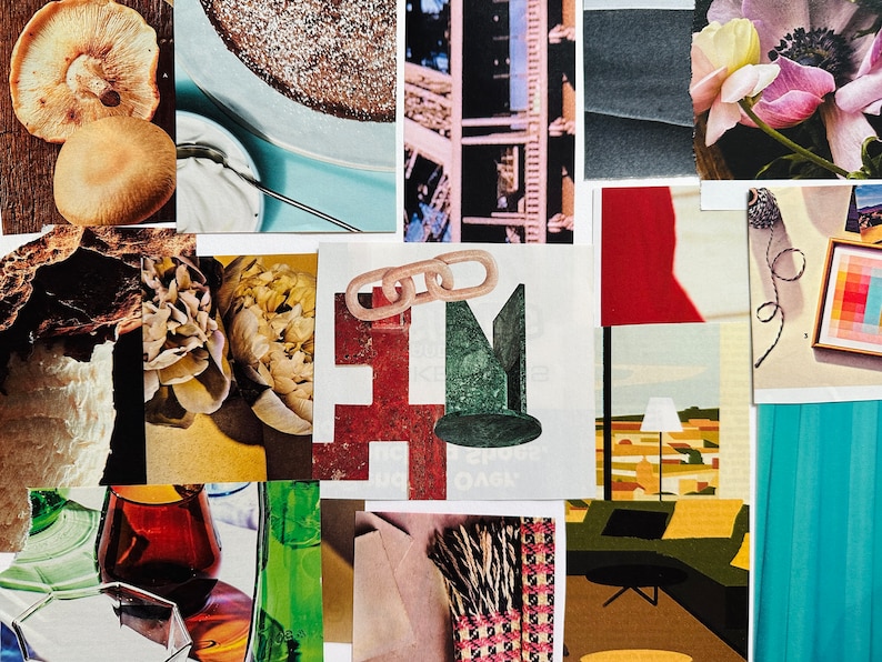 May include: A collage of images featuring various textures and colors. The collage includes images of mushrooms, flowers, a chain, a lamp, a glass of wine, and a building. The collage is a mix of abstract and realistic images.
