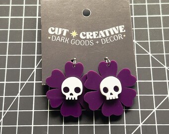 Skull Flower Hanging Earrings | Goth | Macabre | Oddities | Spooky | Strange | Hypoallergenic