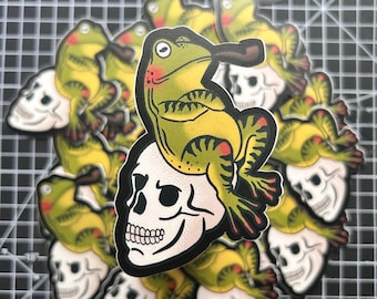 Frog on Skull Sticker | Cottagecore | Tattoo Style | Skull | Weird | Rockabilly