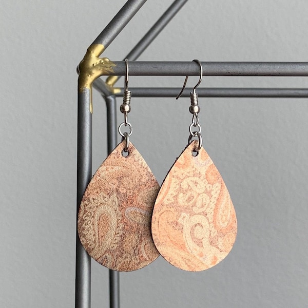 Leather Earrings ‖ Bronze and Gold Paisley Teardrop Leather Earring