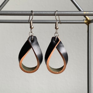 Leather Earrings ‖ Black Shell Cordovan Leather Loop Earrings