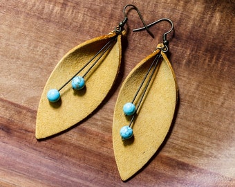 Leather Earrings ‖ Yellow Boho Leather Leaf Earrings with Turquoise Bead Accents