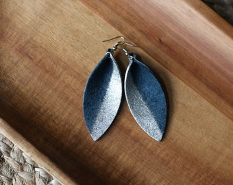 Leather Earrings ‖ Black Curved Leaf Earrings with Metallic Silver Accent