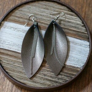Leather Earrings ‖ Bronze Boho Leaf Earrings with Chain Accent