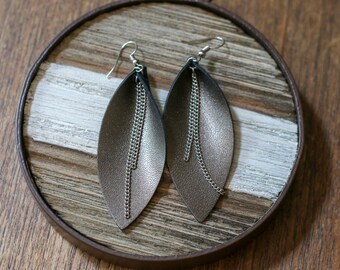 Leather Earrings ‖ Bronze Boho Leaf Earrings with Chain Accent