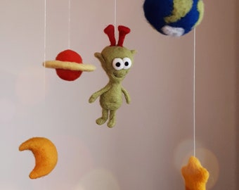 Filzmobile KLEINER AUßERIRDISCHER gefilzt filz Mobile Kinderzimmer dekoration Junge Baby Geschenk Taufe Geburt Taufgeschenk filz-michel deko