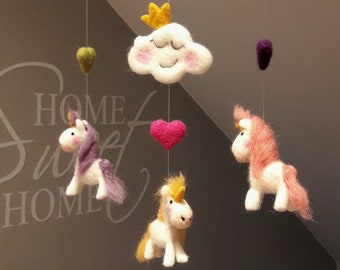 Felted Mobile Sweet Unicorns & Cloud Flauschi Felt Mobile Gift Birth Baptism Baby Girl Felted Children's Room Decoration Decoration