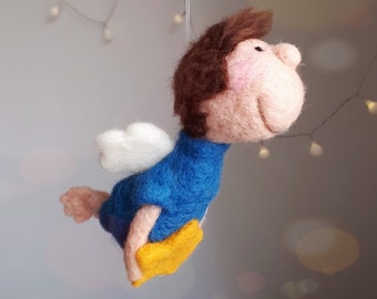 Sweet guardian angel boy "LIO" with star felted felt angel lucky charm gift baptism birth boy decoration nursery pendant car