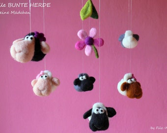 Felt mobile COLORFUL HERD for girls felted felt mobile gift baby nursery decoration felt-Michel filzmichel birth baptism baby bed