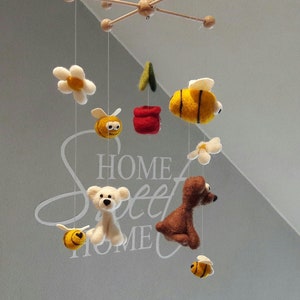 Felt mobile HONEY BEARS and BEES felted hand felted Mobile children's room decoration Young girls Baby Gift Baptism Birthday Bear image 2